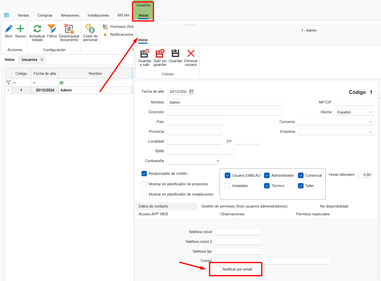 Activar notificación por email