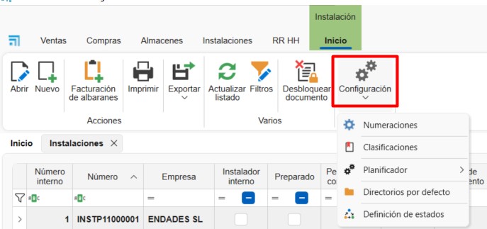 Menú Configuraciones de Instalación