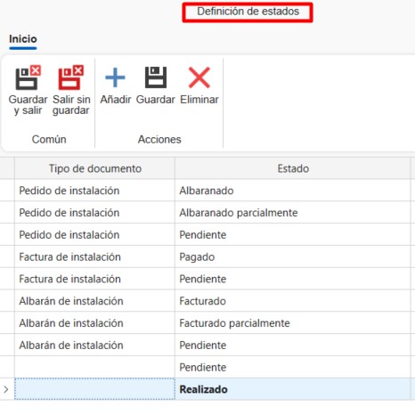 Configuración de definición de estados