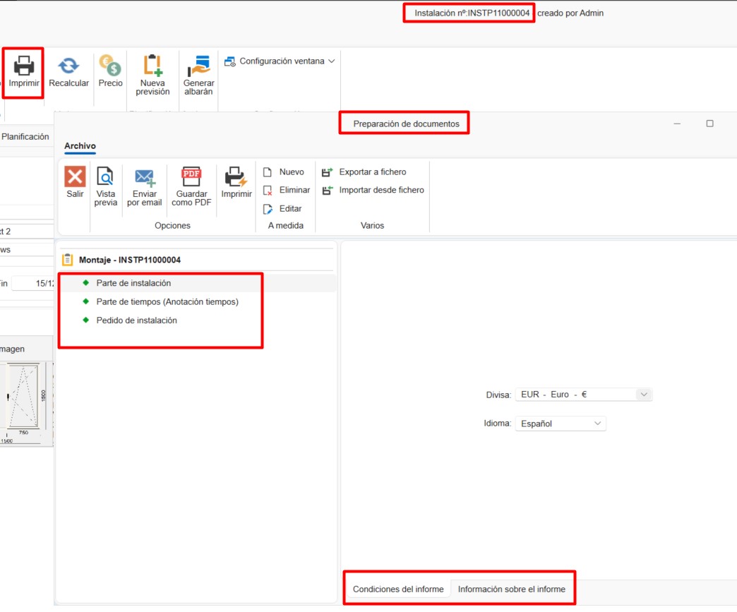 Menú de impresión de informes
