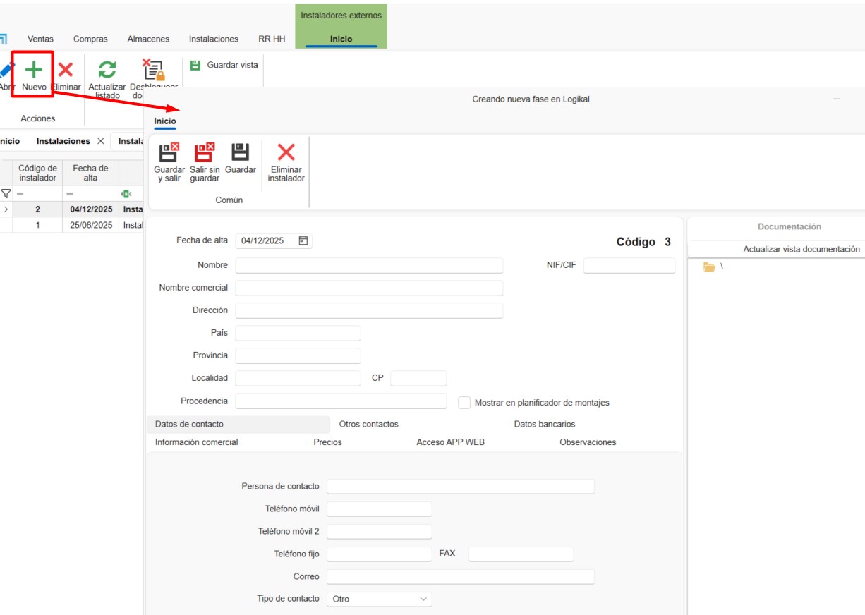 Formulario de alta de instalador externo
