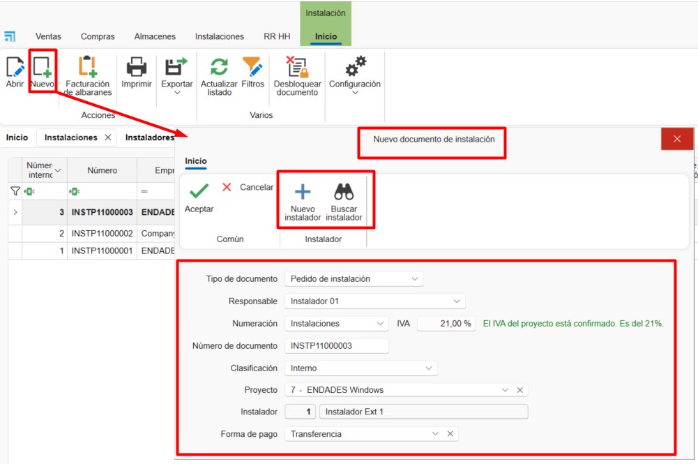 Ventana Nuevo documento de instalación