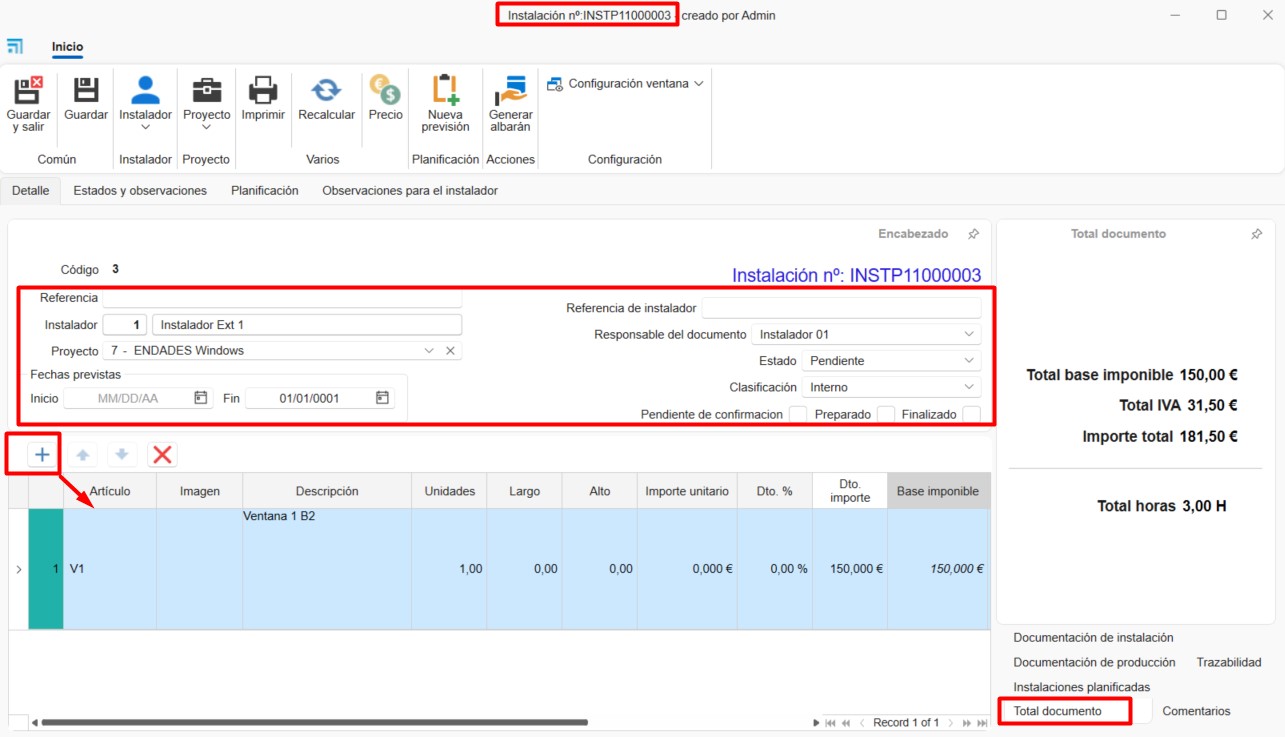 Pestaña Detalle del documento de instalación