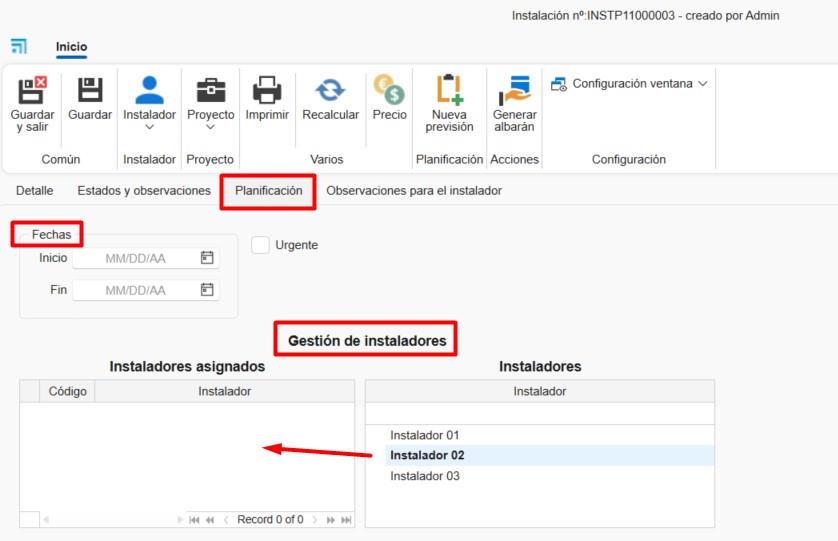 Pestaña Planificación