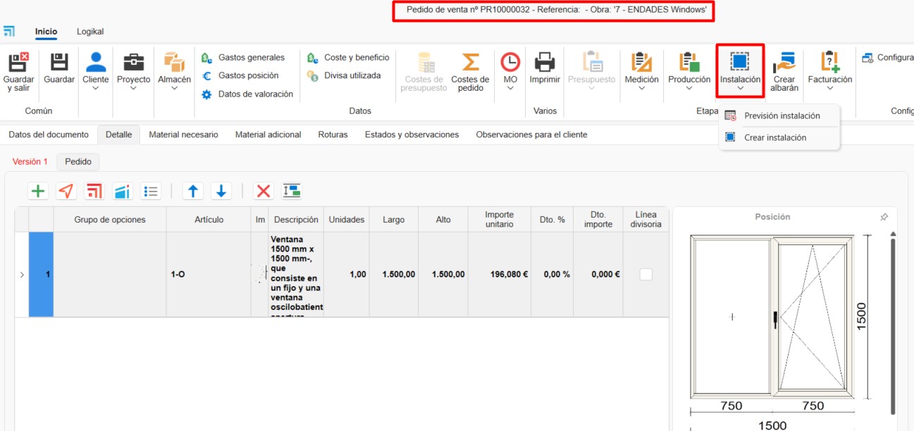 Opción de crear instalación desde documento de venta
