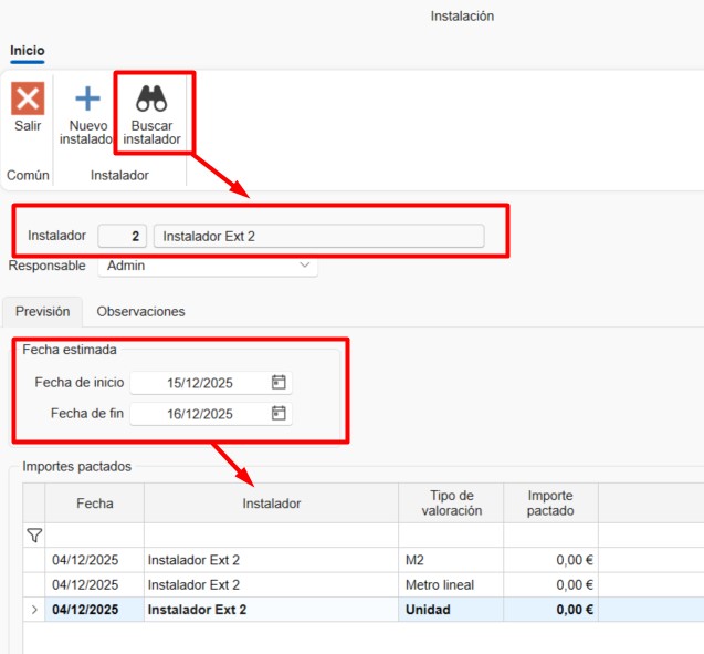 Ventana de Previsión de instalación
