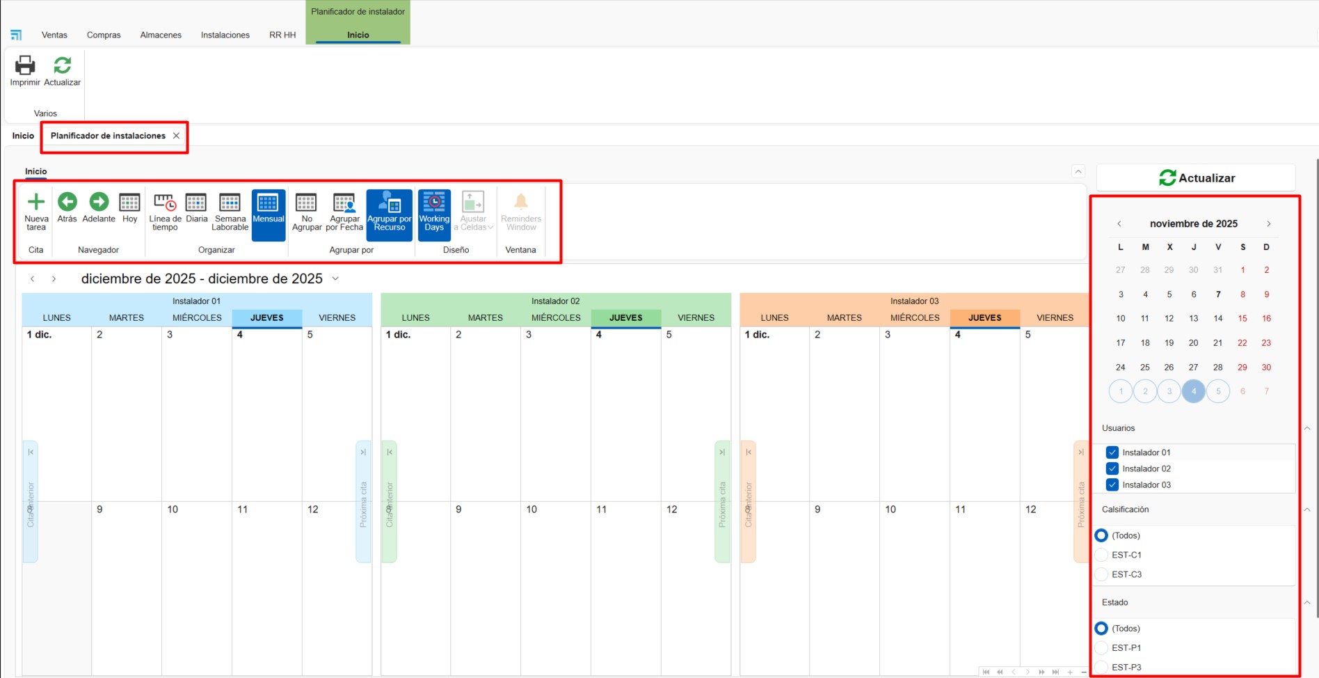Vista principal del Planificador de instalaciones