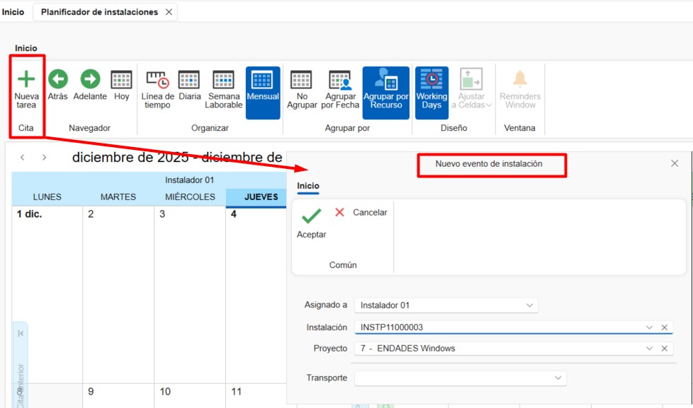 Ventana Nuevo evento de instalación