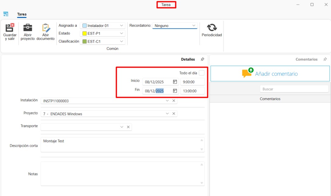 Ventana de detalles de la Tarea