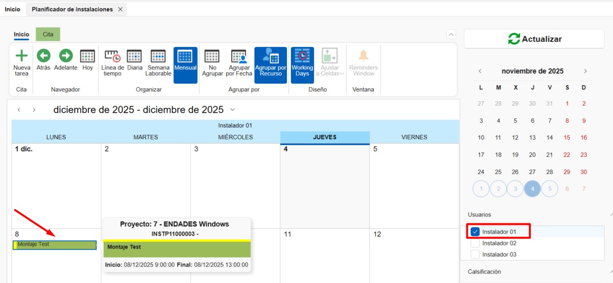 Vista de tareas en el calendario