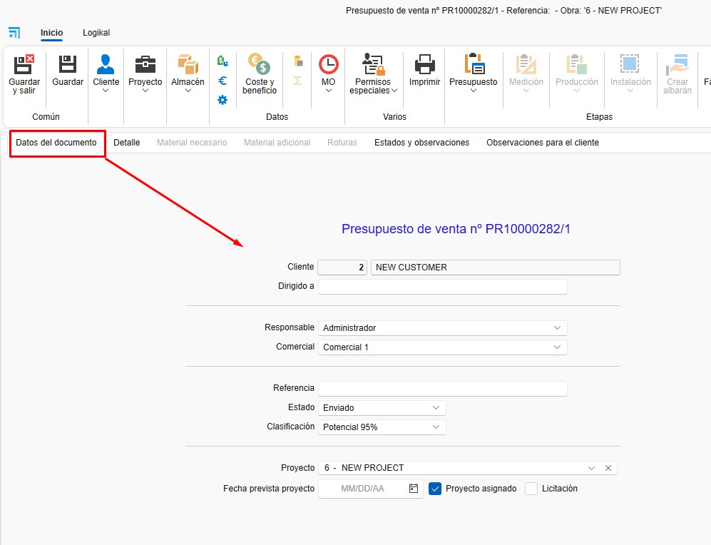 Presupuesto datos documento
