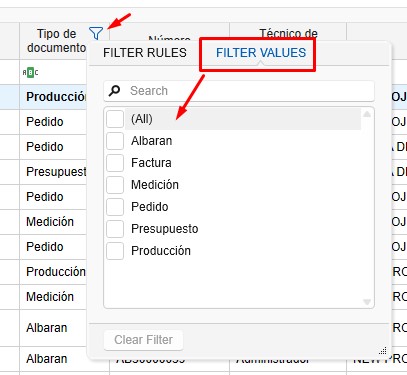 Valores filtros